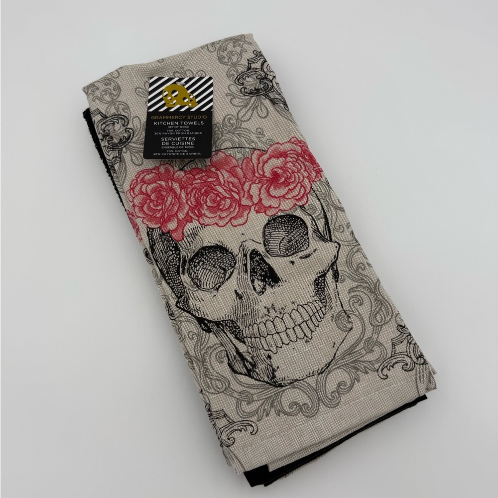 Granmmercy studio Skull Design Kitchen Towel with Red Floral Accent